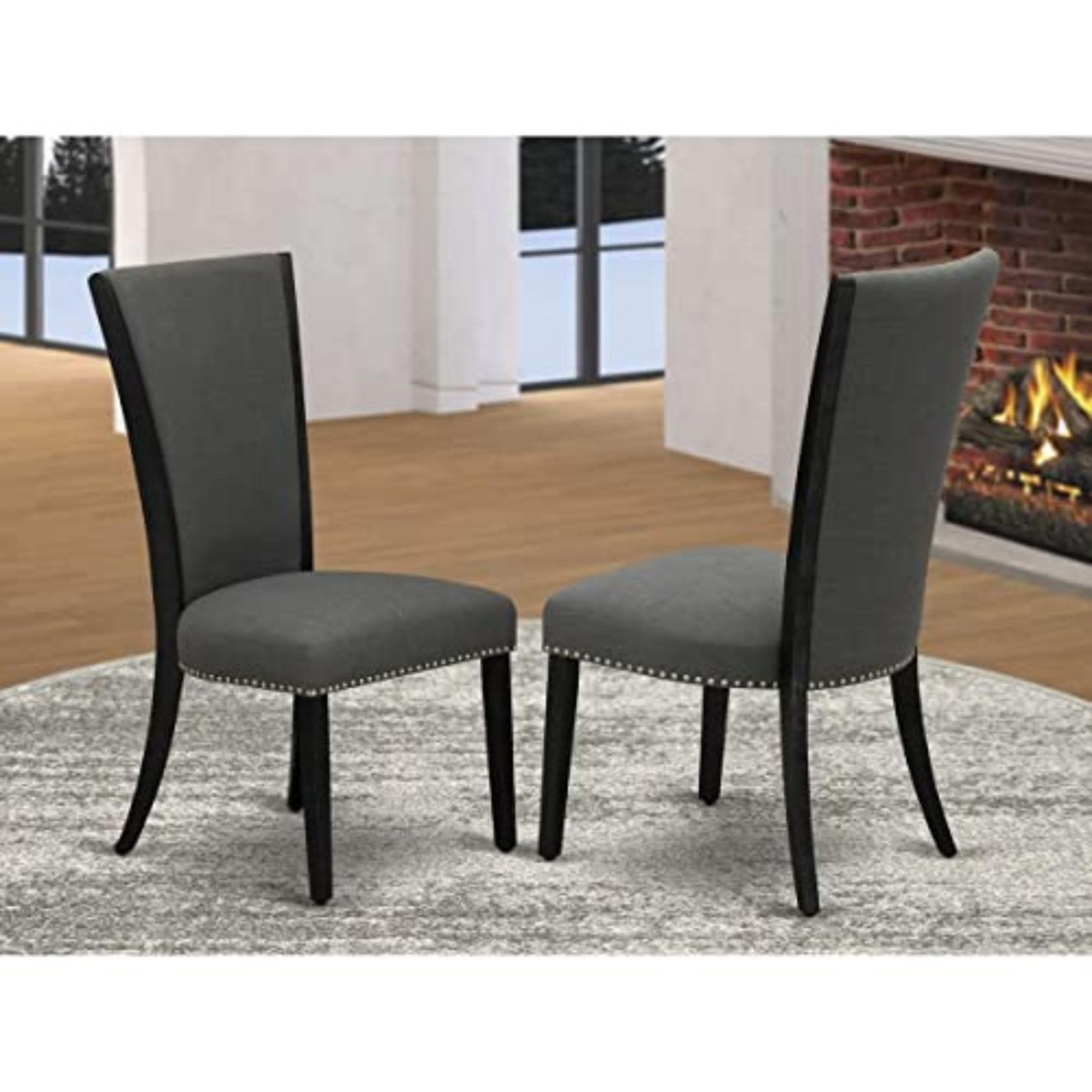 East West Furniture Vep6T50 Verona Parson Dining Chairs - Nailhead Trim Dark Gotham Linen Fabric Padded Chairs, Set Of 2, Wirebrushed Black